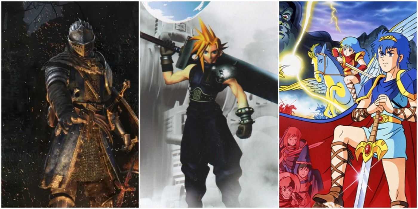 Ein geteiltes Bild von Dark Souls, Cloud Strife aus Final Fantasy VII und Fire Emblem: Shadow Dragon