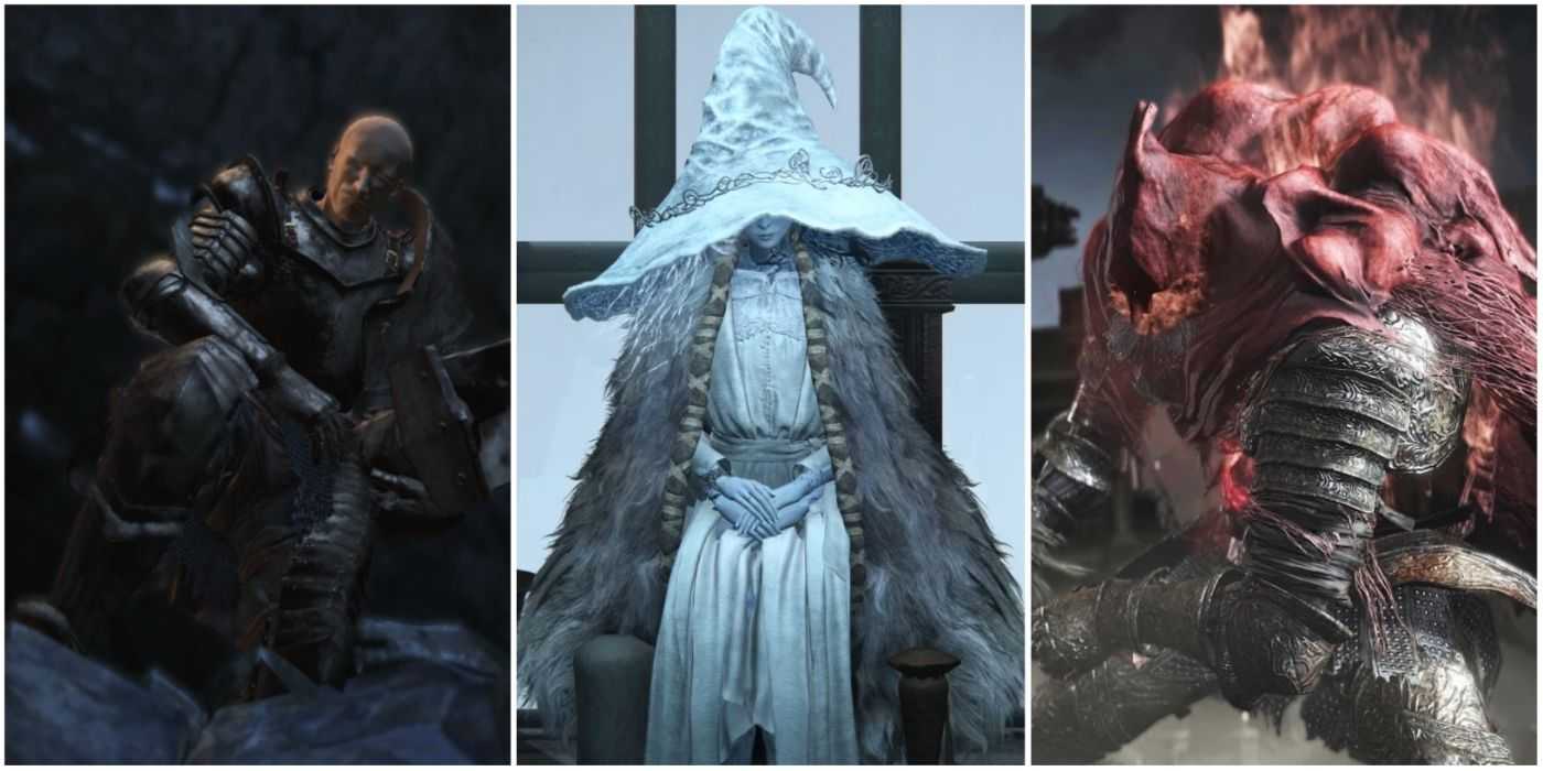 Ein geteiltes Bild, das Patches in Dark Souls III, Ranni die Hexe in Elden Ring und Sklavenritter Gael zeigt