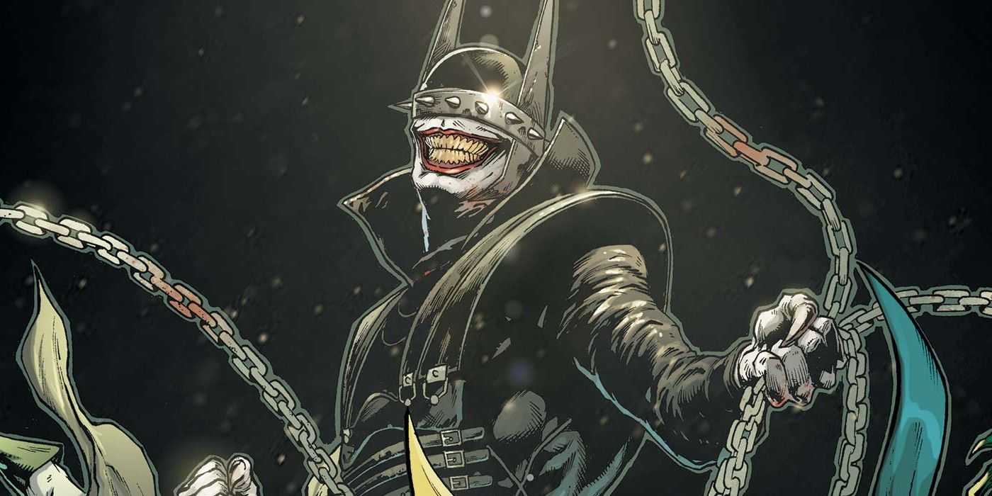 DCコミックスのロビンの鎖を持って笑うバットマン