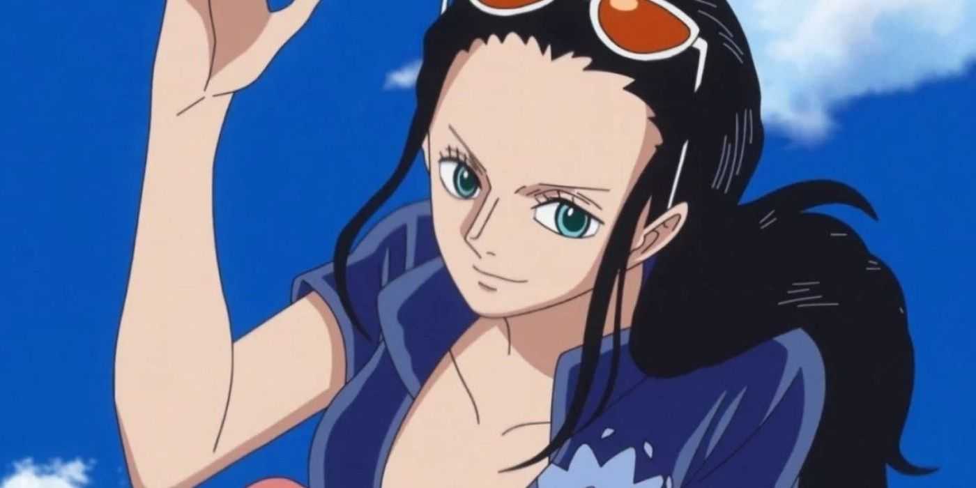 Нико Робин улыбается и машет рукой в One Piece.