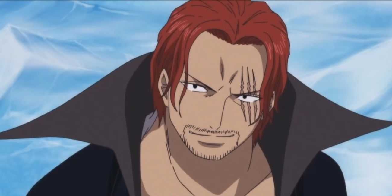 Шанкс улыбается Багги в Маринфорде в One Piece.
