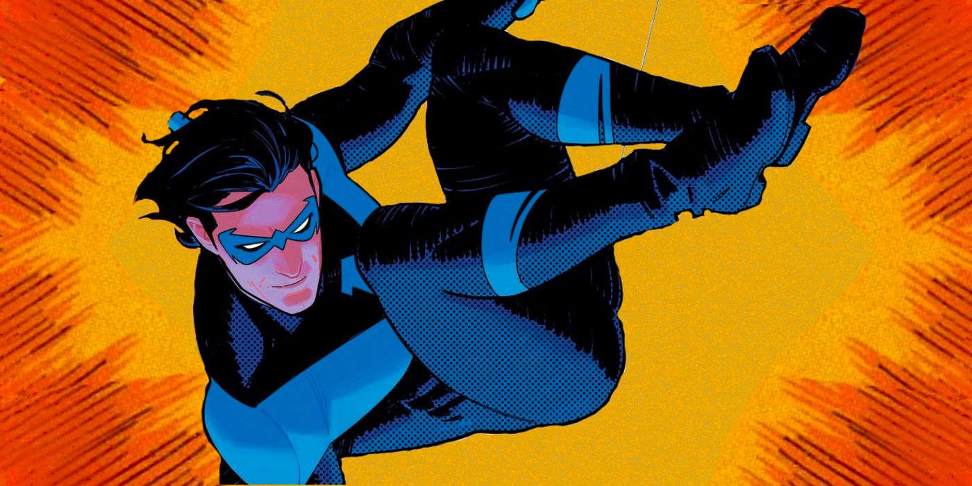 Nahaufnahme von Nightwing vor einem orangefarbenen Hintergrund