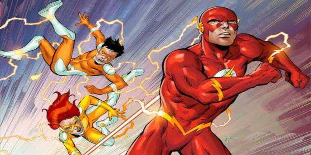 Wally West, Flash, so svojimi dvojčatami v stope v DC Comics