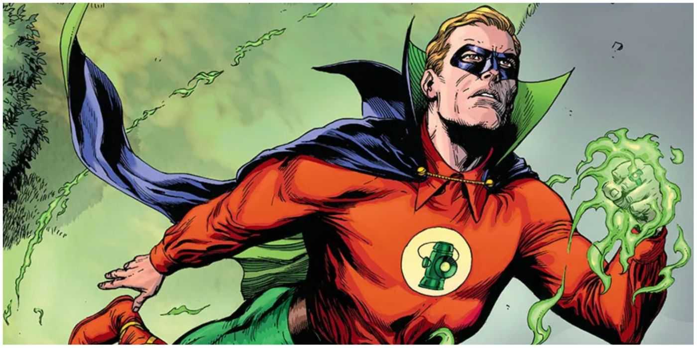 Alan Scott lietajúci so svojím prsteňom aktivovaným v DC Comics