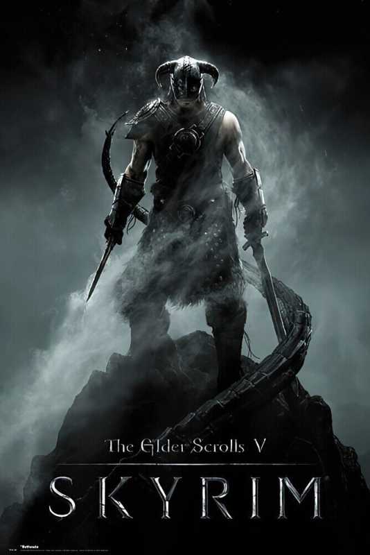 Arte de portada de Skyrim que muestra un Dragonborn blindado en la cima de una montaña escarpada