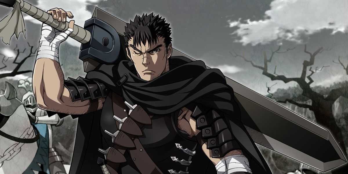 Guts sosteniendo su espada asesina de dragones Berserk.