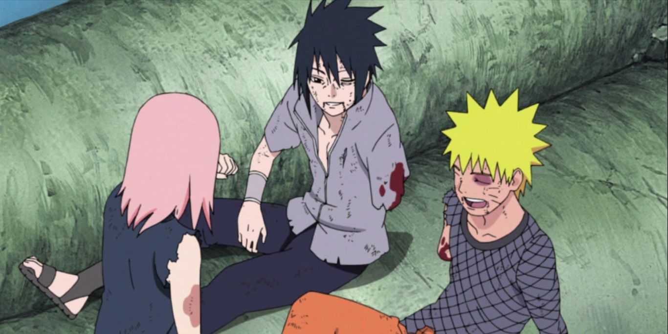 NARUTOで一緒に笑うサクラ、サスケ、ナルト。