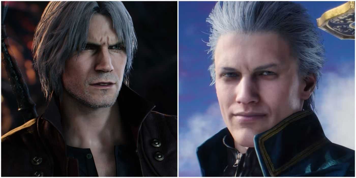 Rozdelený obrázok zobrazujúci Danteho a Vergila v hre Devil May Cry 5