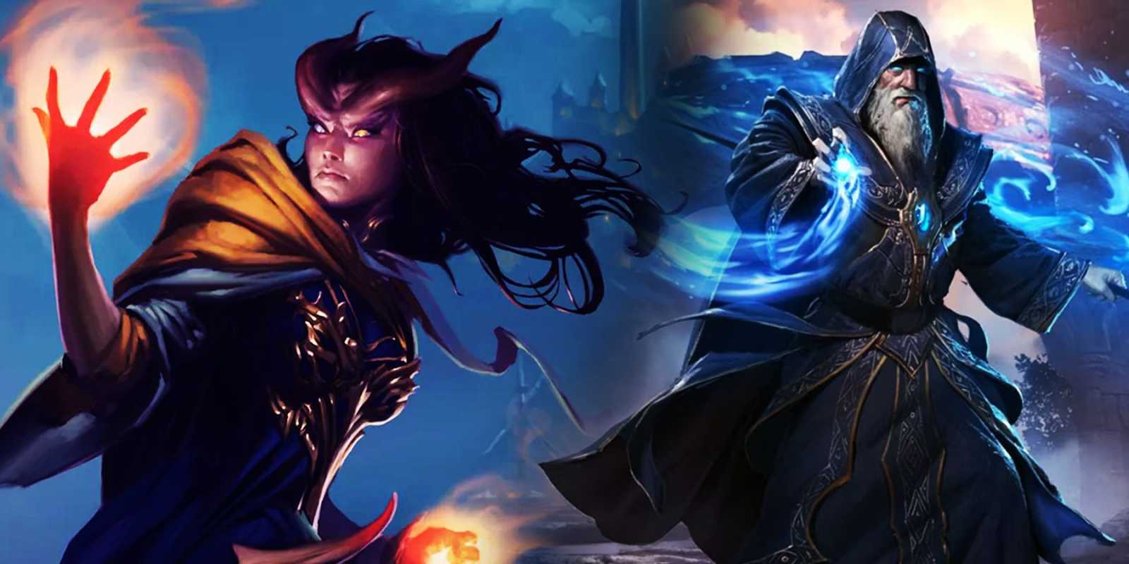 Tiefling vrhajúci ohnivú guľu naľavo s klasickým čarodejníkom privolávajúcim vodu napravo
