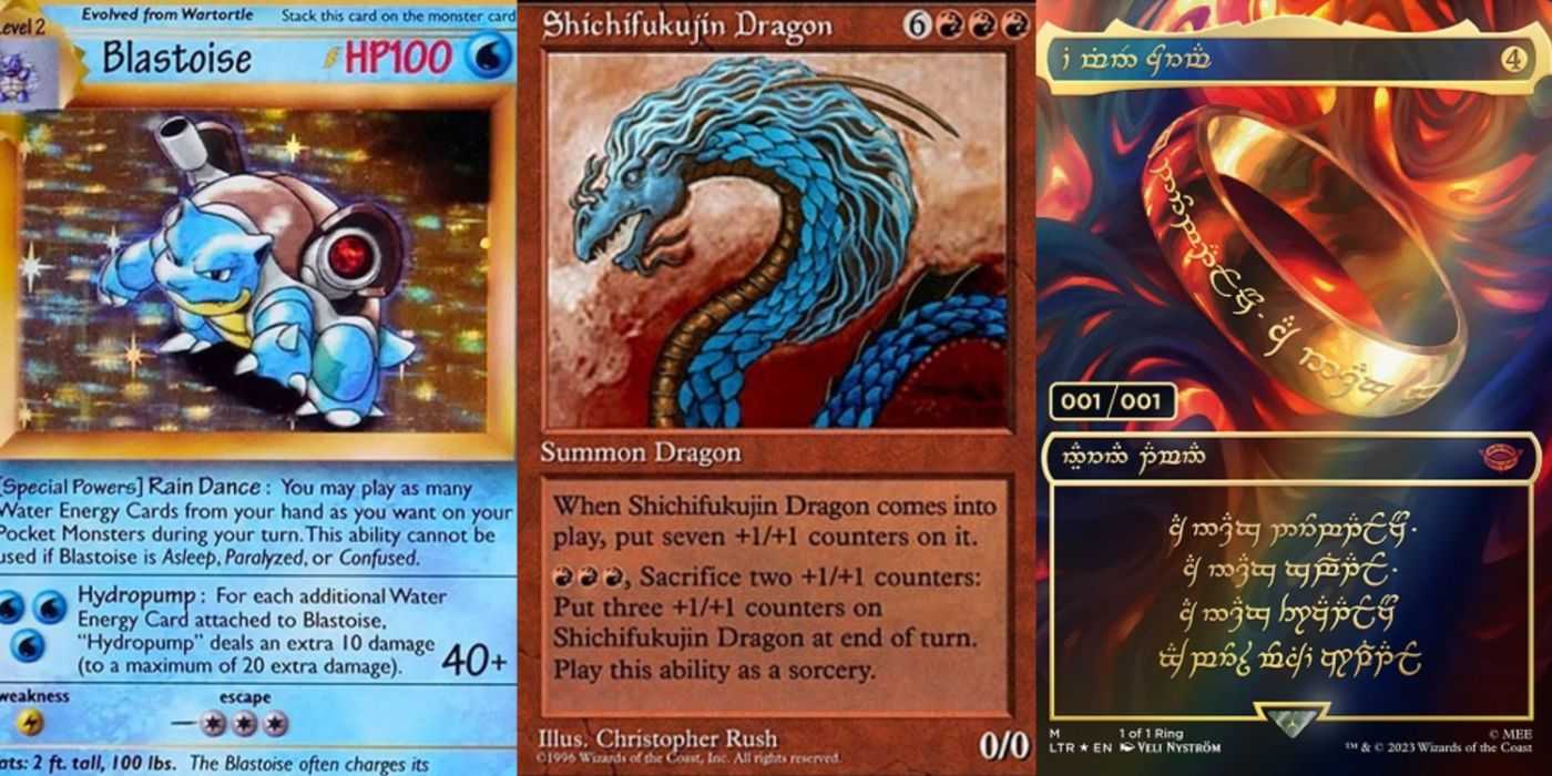 Eine Collage aus Sammelkarten: Blastoise aus Pokemon, Shichifukujin Dragon aus Magic: The Gathering und The One Ring, ebenfalls aus Magic: The Gathering.