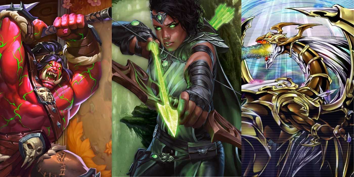 TCG-Banner mit Kunstwerken von Hearthstone, Magic: The Gathering Arena und Yu-Gi-Oh! Meisterduell