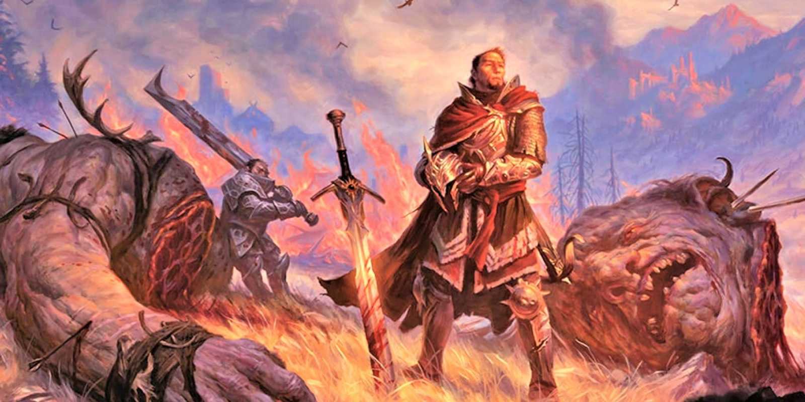 Zwei gepanzerte Krieger stehen in DnD neben einem enthaupteten Riesen