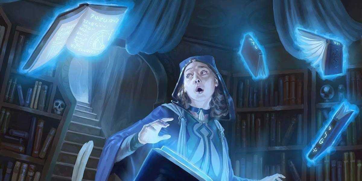 Ein junger DnD-Zauberer, umgeben von schwebenden Büchern