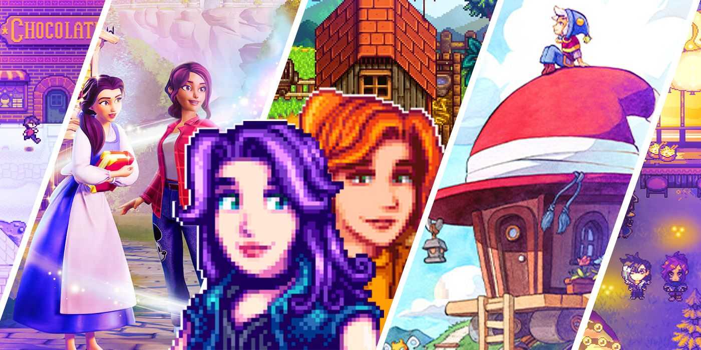 Imágenes divididas de Stardew Valley, Sunhaven, Moonstone Island, Dreamlight Valley y Haunted Chocolatier