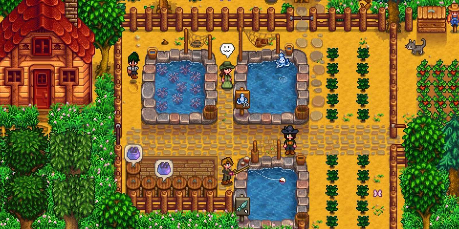 Cuatro jugadores recogiendo en estanques de pesca en Stardew Valley