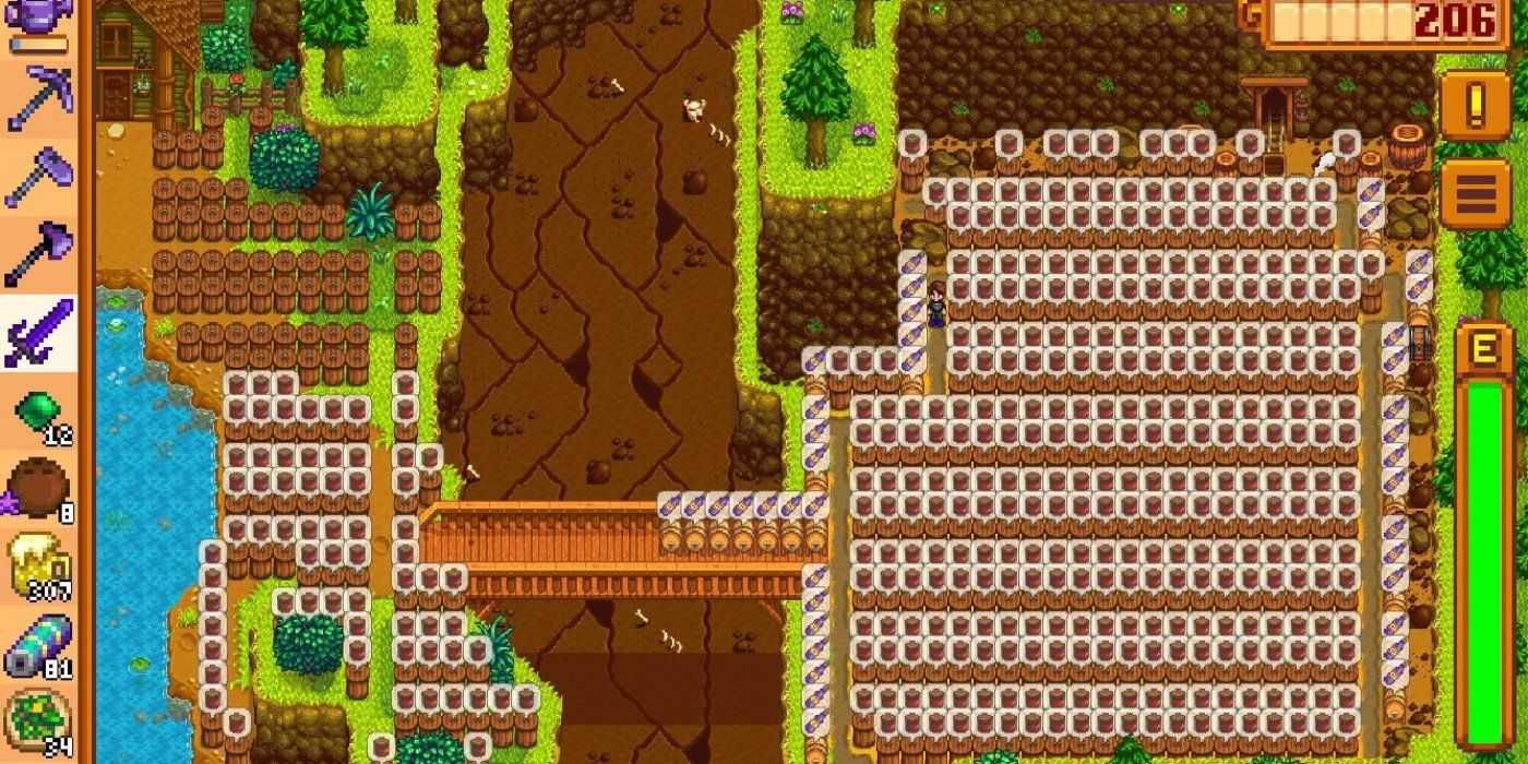 Cientos de tarros de conservas en una granja de Stardew Valley