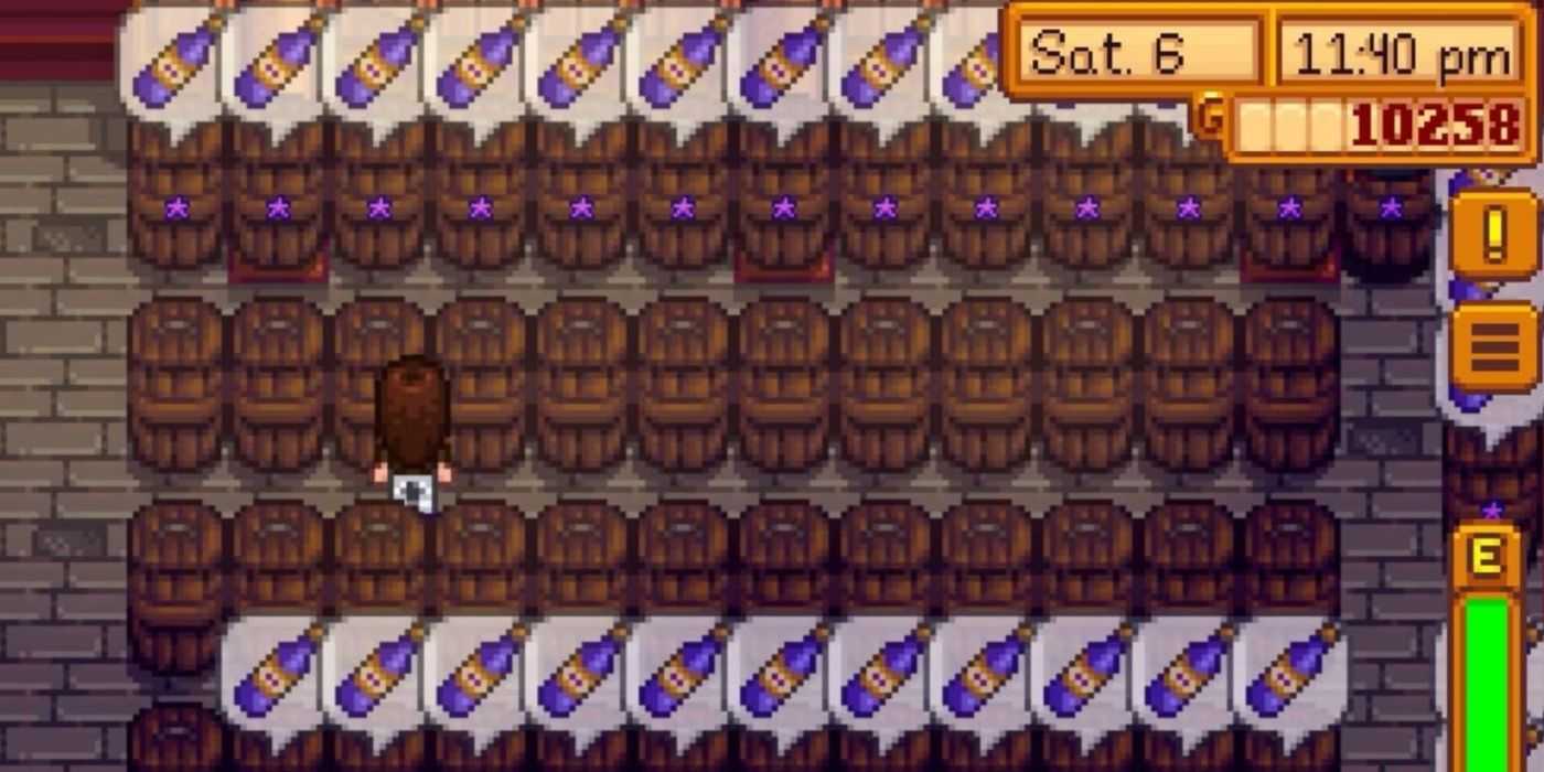 Un jugador recolectando barriles llenos de vino en Stardew Valley.