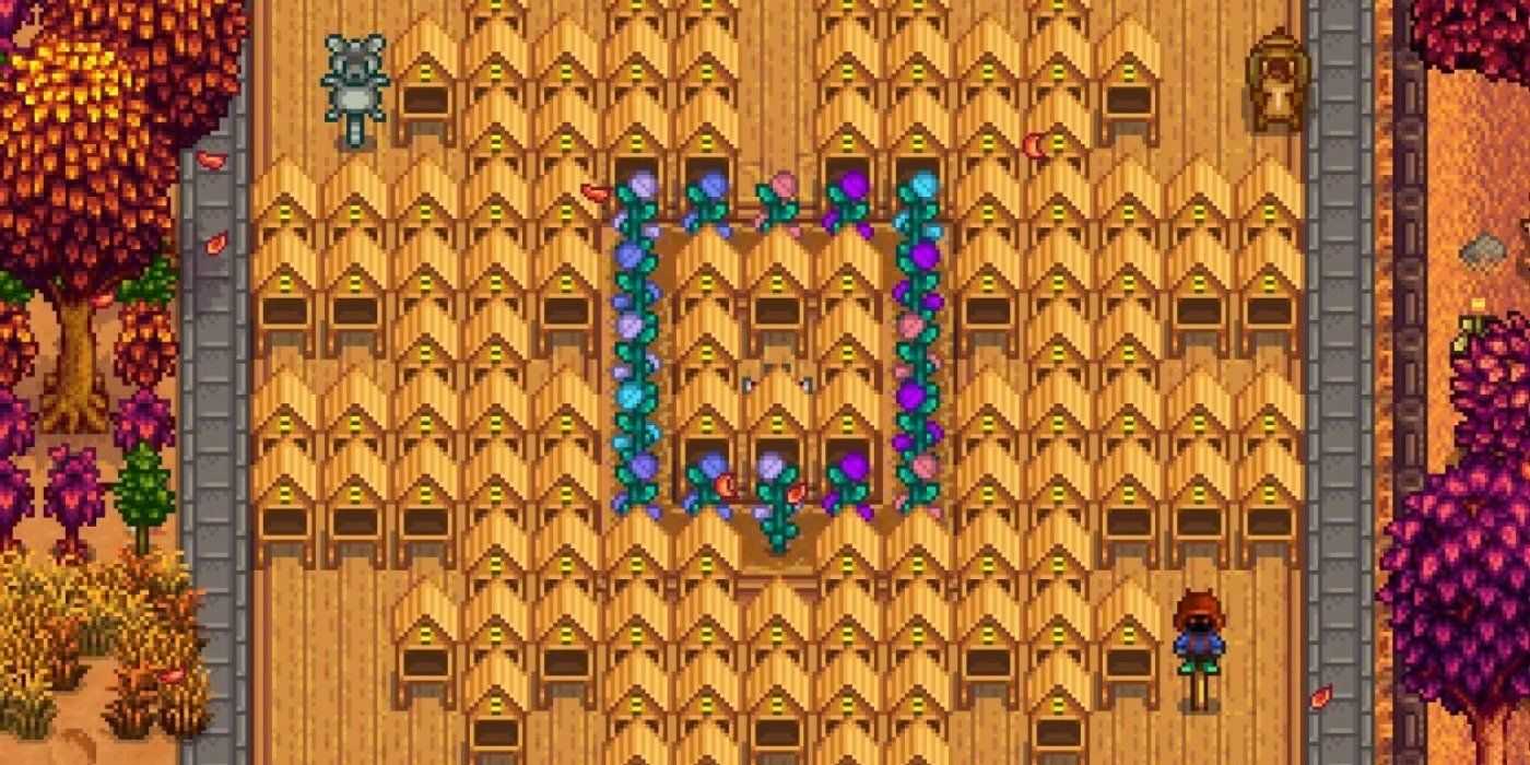 Casas de abejas con rosas de hadas en Stardew Valley