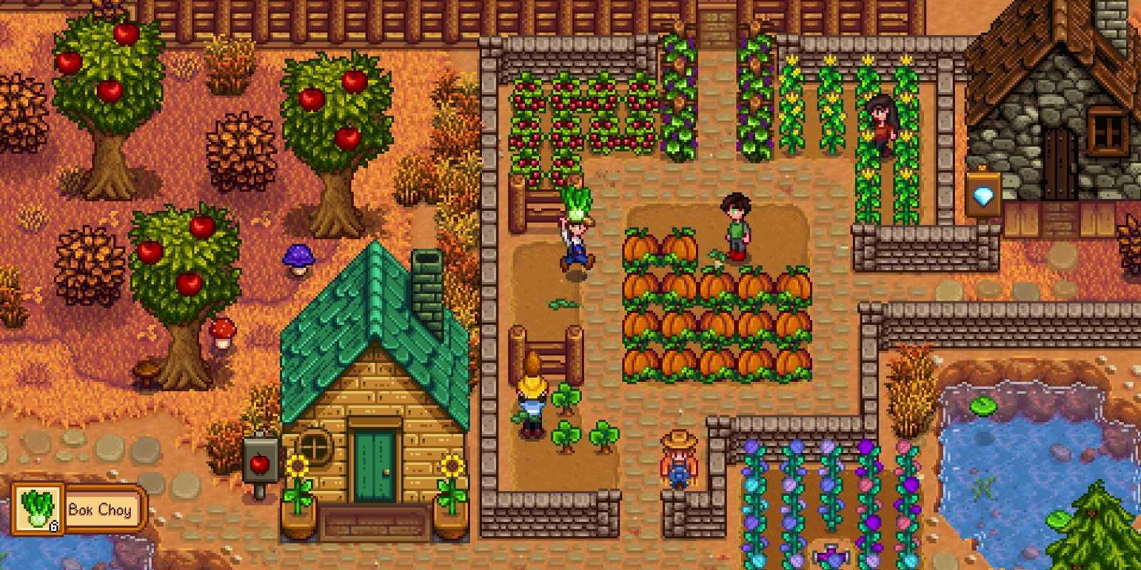 Captura de pantalla multijugador de Stardew Valley del jugador que lleva Bok Choy