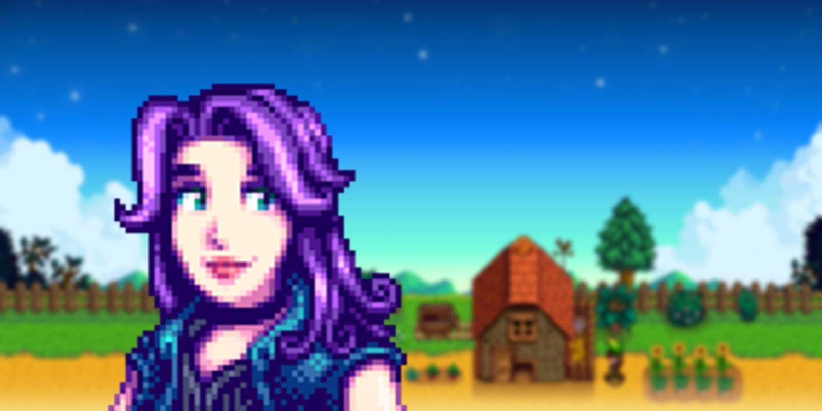 Abigail de Stardew Valley sobre un fondo de granja ligeramente borroso