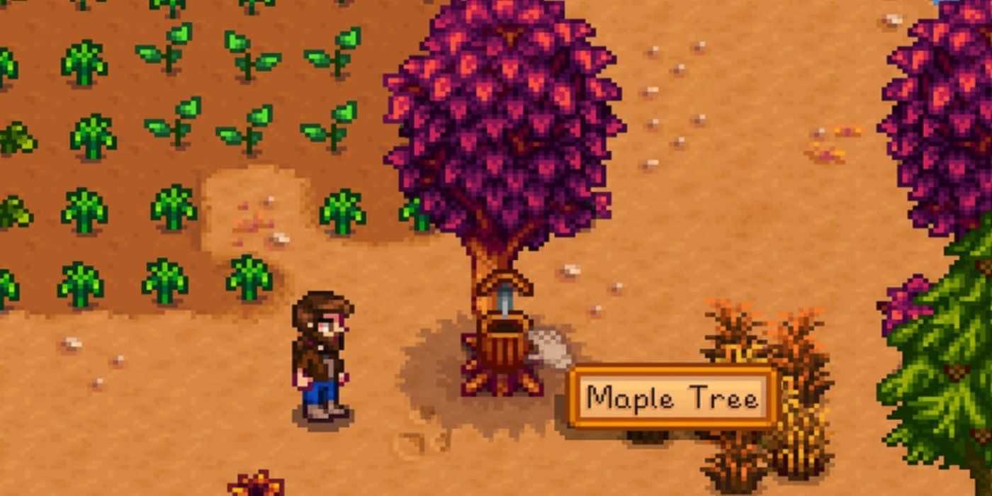 Un recolector de árboles en un arce en Stardew Valley