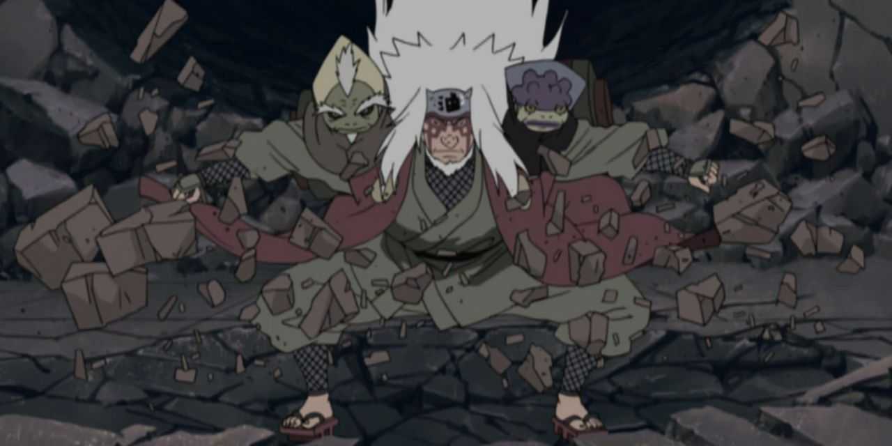 Jiraiya drví zem s ropuchami na ramenách Naruto