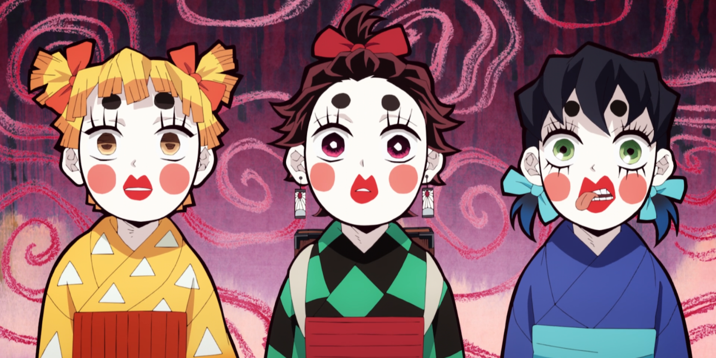 Tanjiro, Inosuke a Zenitsu oblečení ako ženy, aby infiltrovali zábavnú štvrť v Demon Slayer