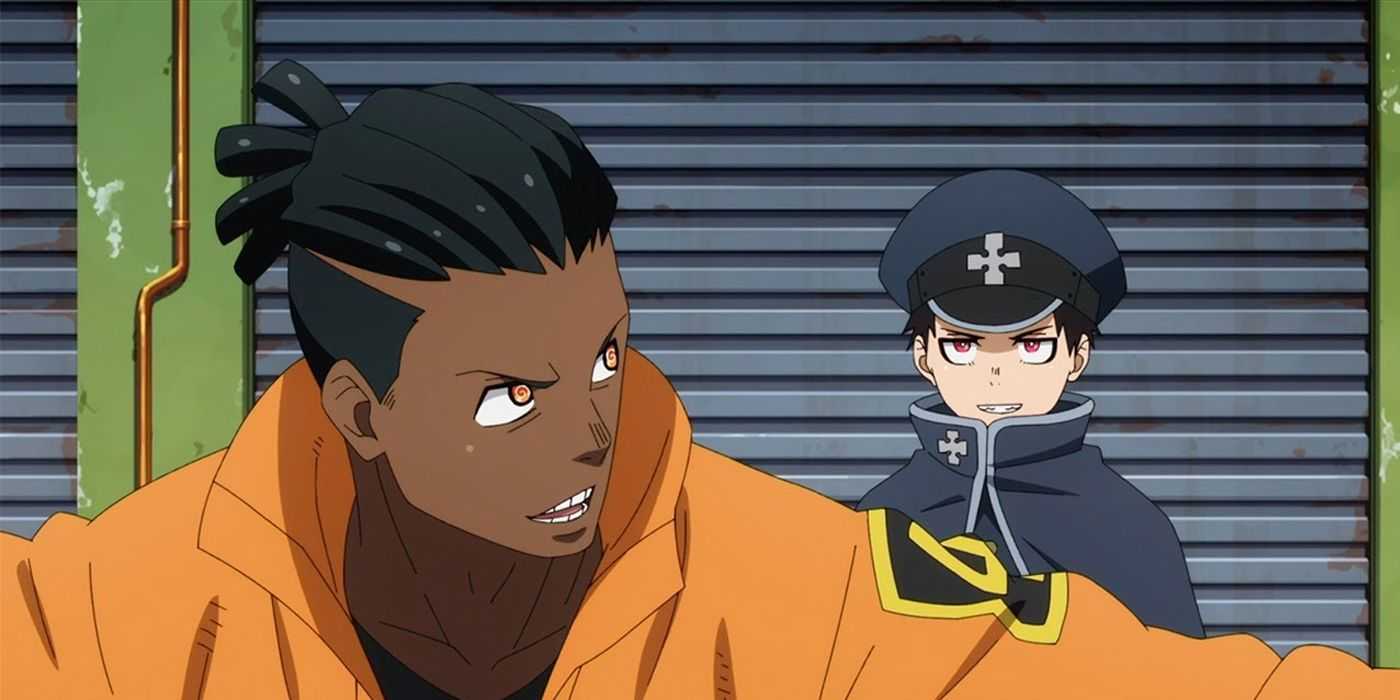 Ogun nervózne hovorí so Shinrou v Fire Force