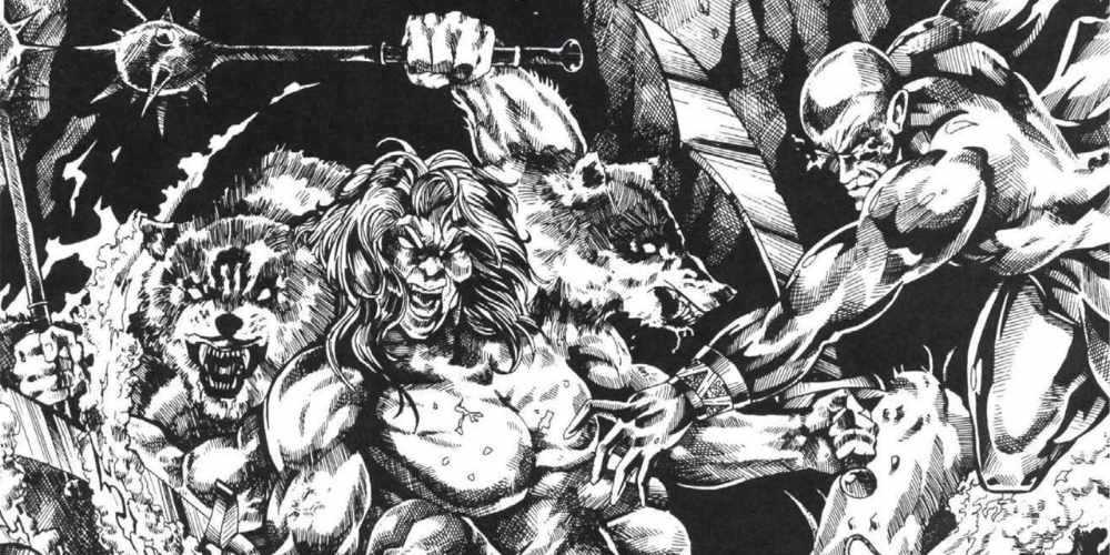 El demonio dnd miska la araña lobo, una criatura multicéfala con cabezas de lobo que lucha contra unos caballeros
