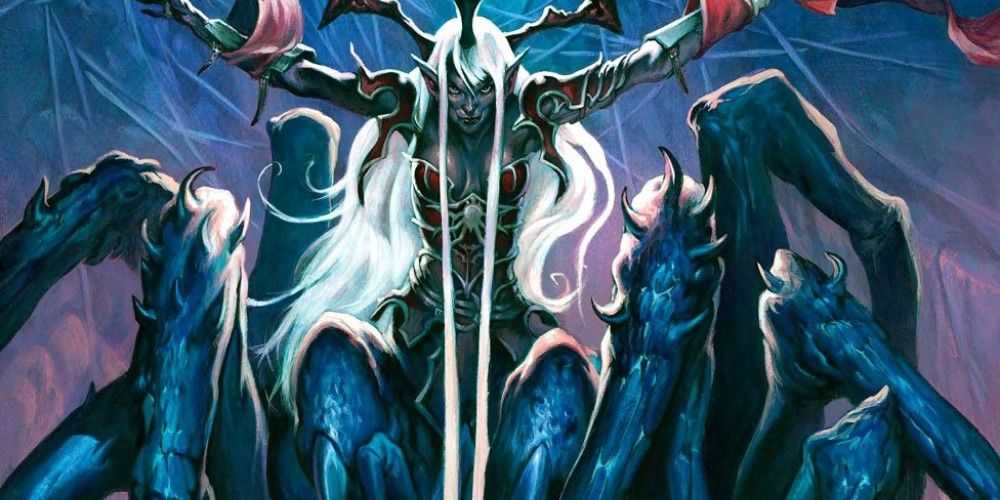 El dios dnd lolth, una mujer con cuerpo de araña y armadura roja.