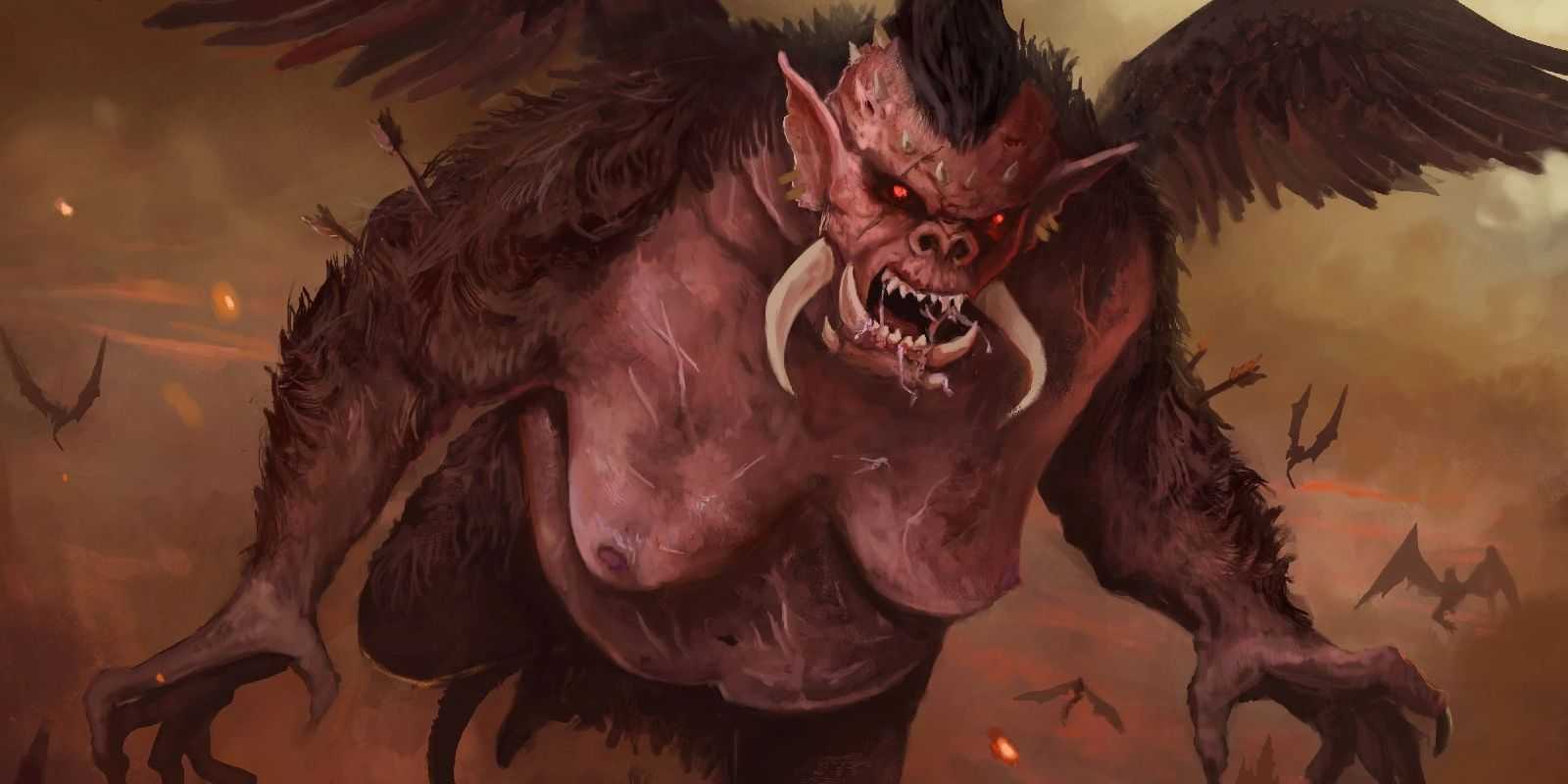 Un demonio nalfeshnee en vuelo durante una batalla.
