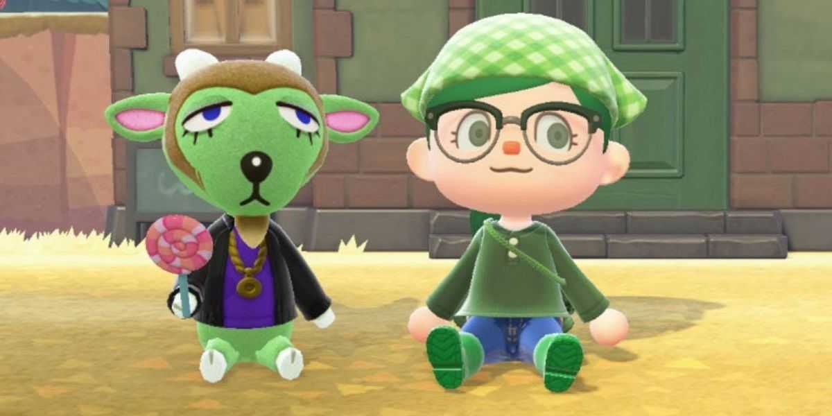 『Animal Crossing: New Horizons』のロリポップを持ち、プレイヤーのそばに座っているヤギの村人グリフ