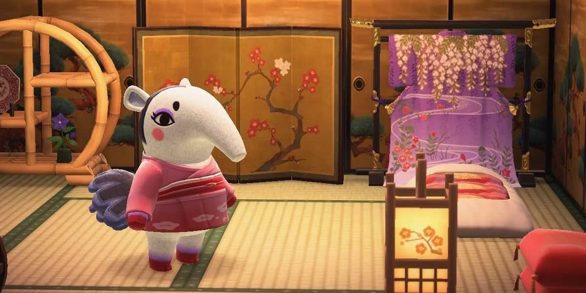 『Animal Crossing: New Horizons』の家具付きの部屋に立つアリクイの村人アナリサ