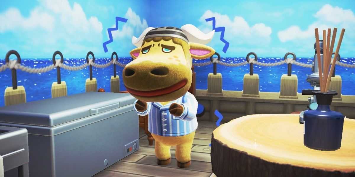 『Animal Crossing: New Horizons』の水辺のデッキに立つ雄牛のヴィック