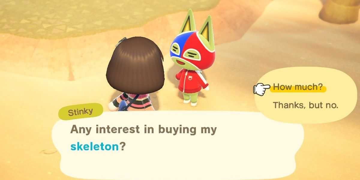 『Animal Crossing: New Horizons』で猫のスティンキーがプレイヤーにスケルトンを売ろうとする