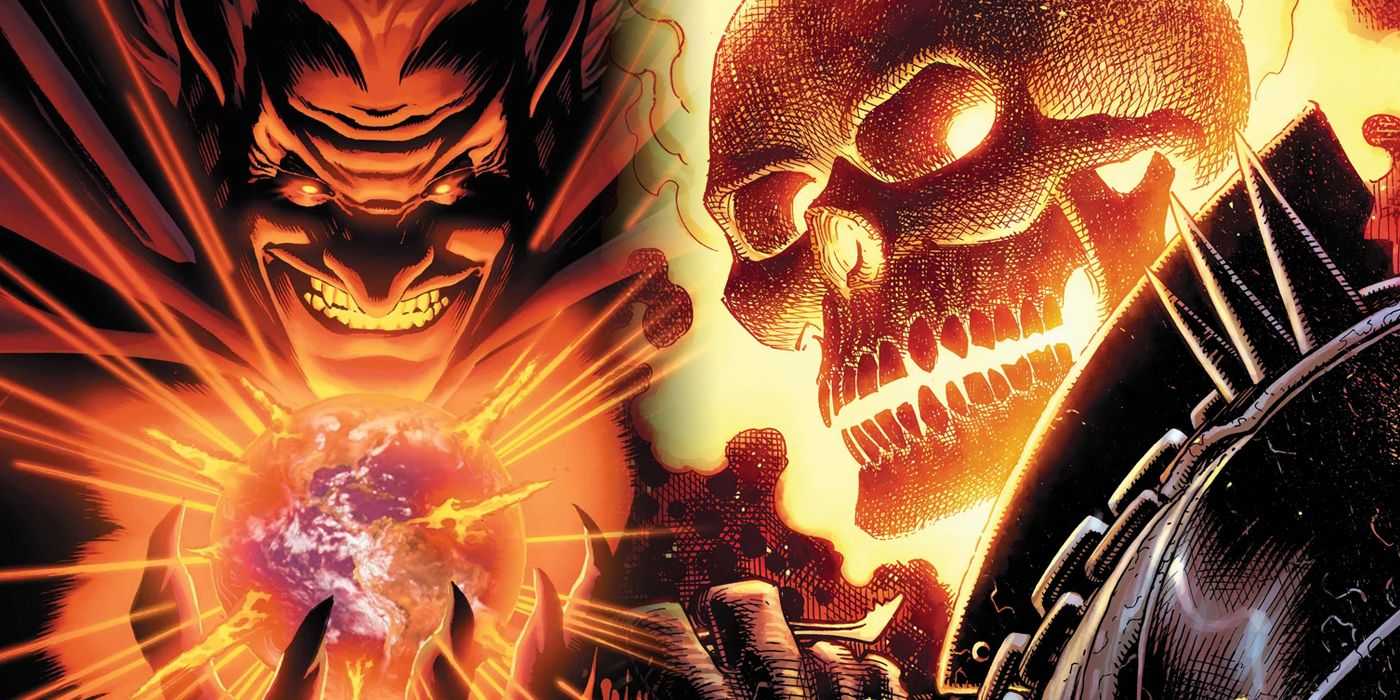 Imagen dividida de Mephisto sosteniendo la Tierra y Ghost Rider de Marvel Comics