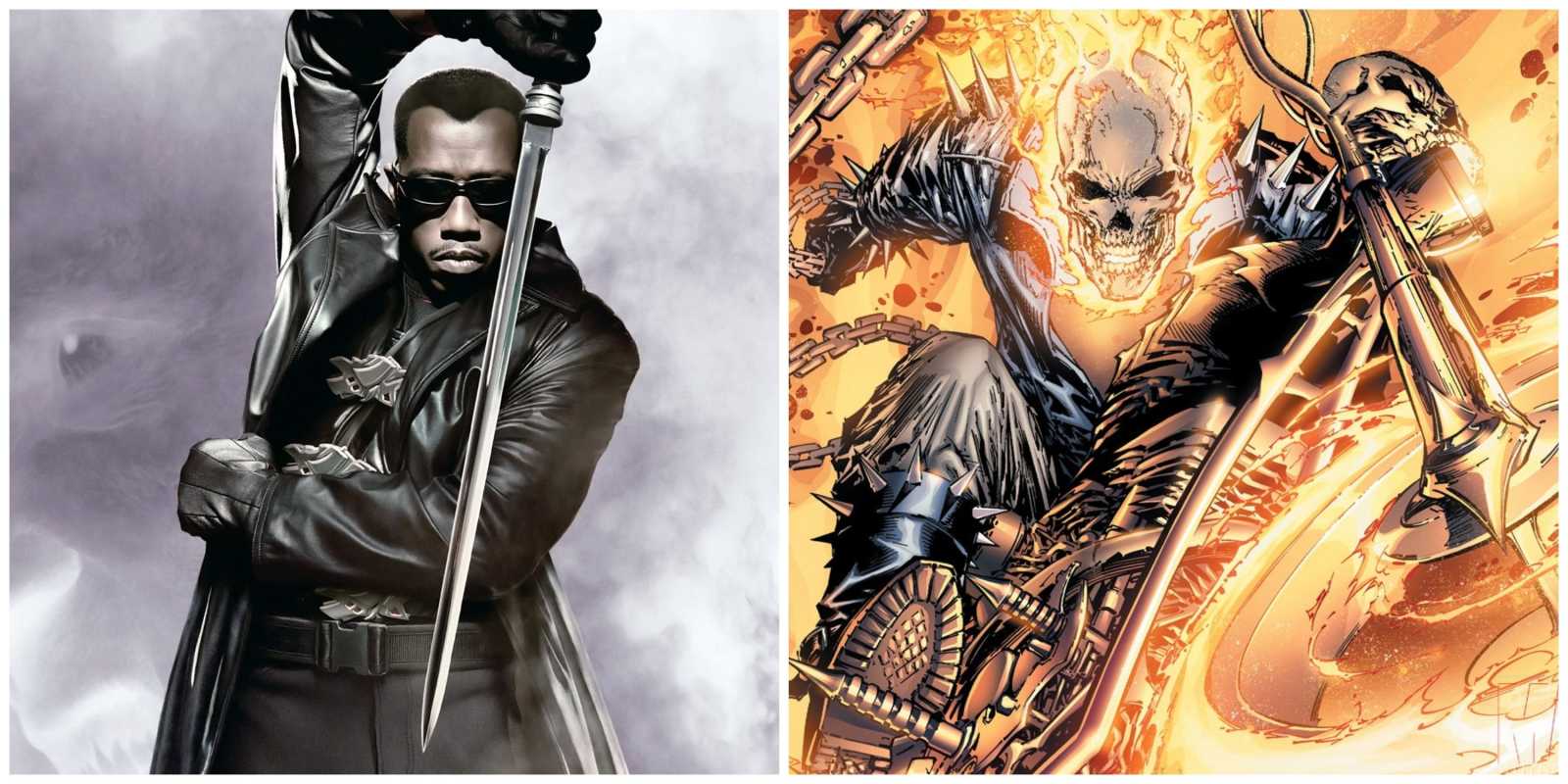 Imagen dividida: Wesley Snipes como Blade y Ghost Rider en los cómics