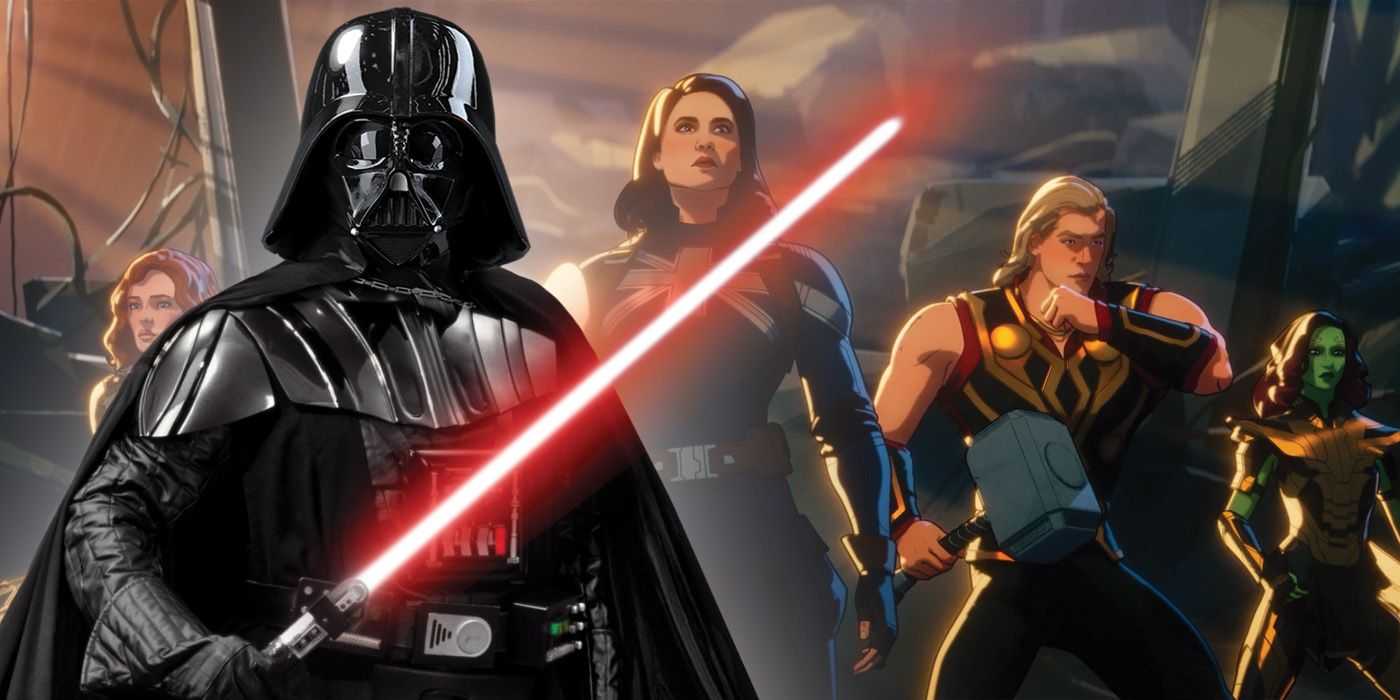 Darth Vader mit seinem Lichtschwert vor den Guardians of the Multiverse aus What If...? Staffel 1.