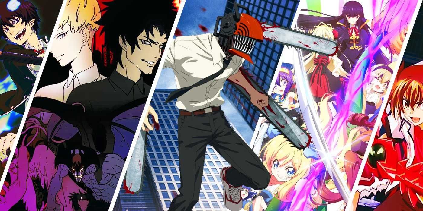 Imágenes divididas de Chainsawman, HIghschool Dxd, Devilman Crybaby, Dropkick on My Devil y Blue Exorcist