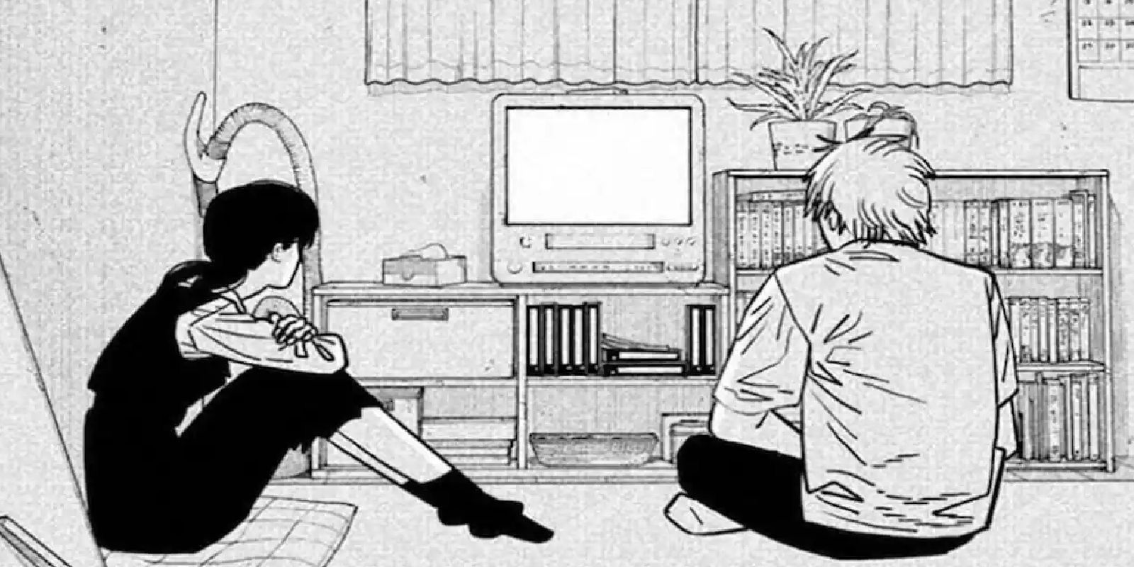 Denji y Yuri en el manga Chainsaw Man viendo televisión juntos