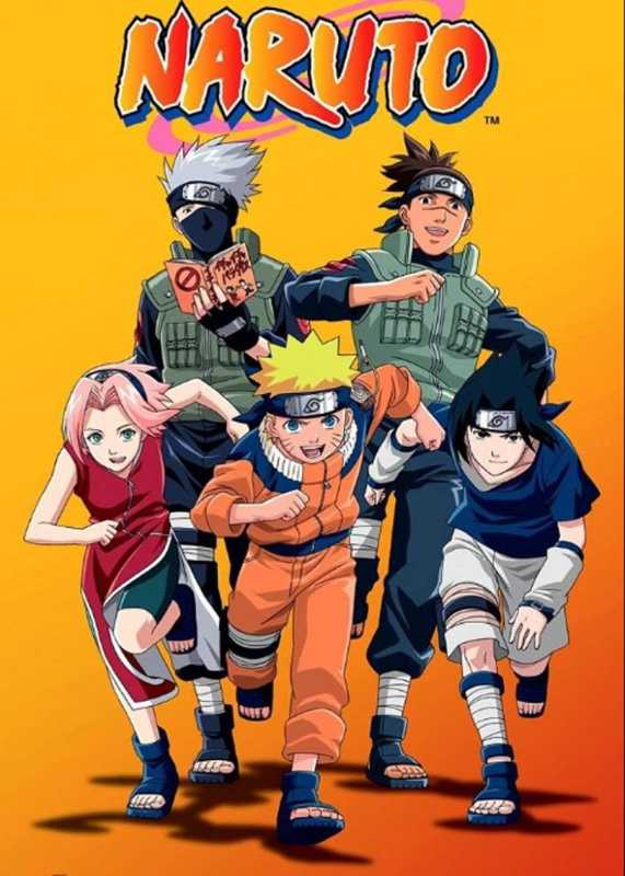 Sakura, Naruto, Sasuke, Kakashi sensei ve Iruka sensei Naruto Anime kapağında poz veriyor