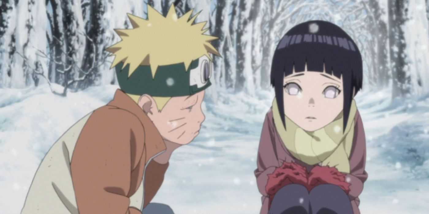 Naruto a Hinata ako deti vonku v mraze