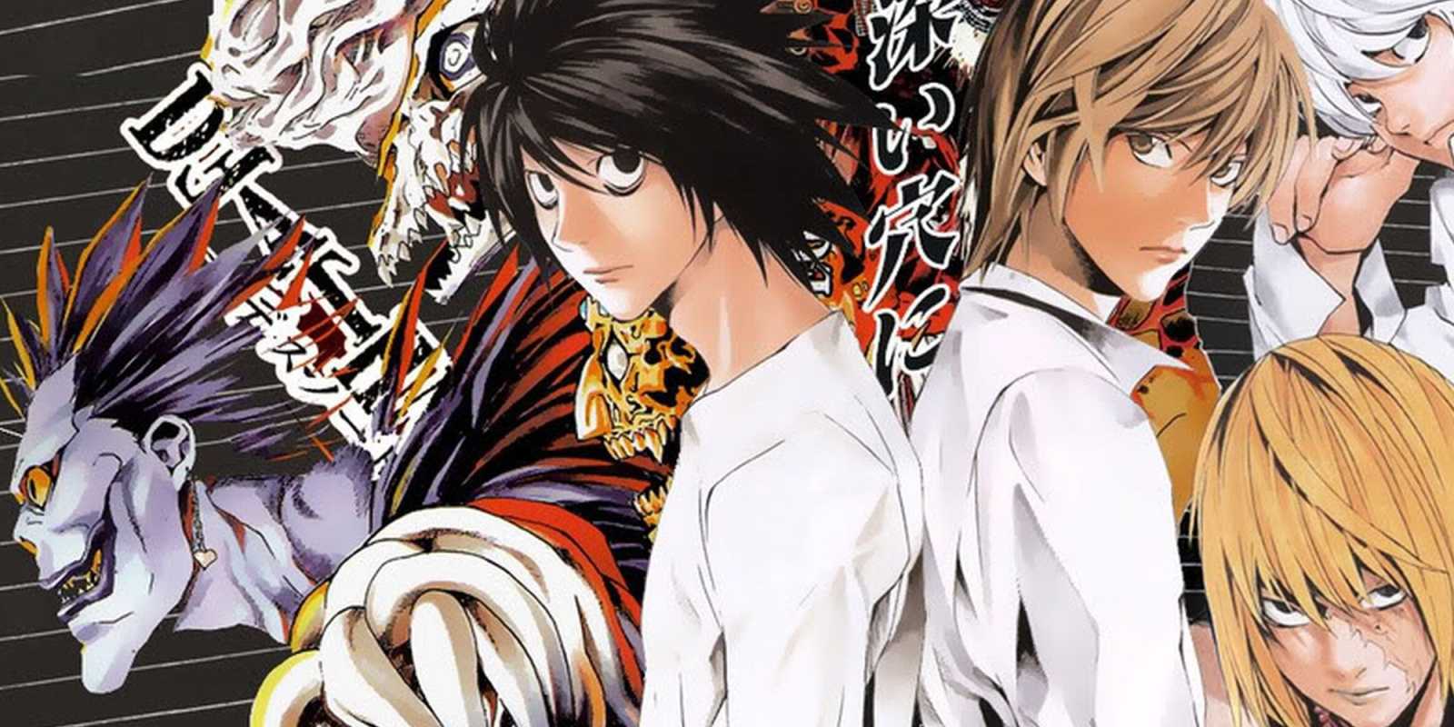 L und Light Yagumi Rücken an Rücken vor einer Collage aus Death Note-Charakteren.
