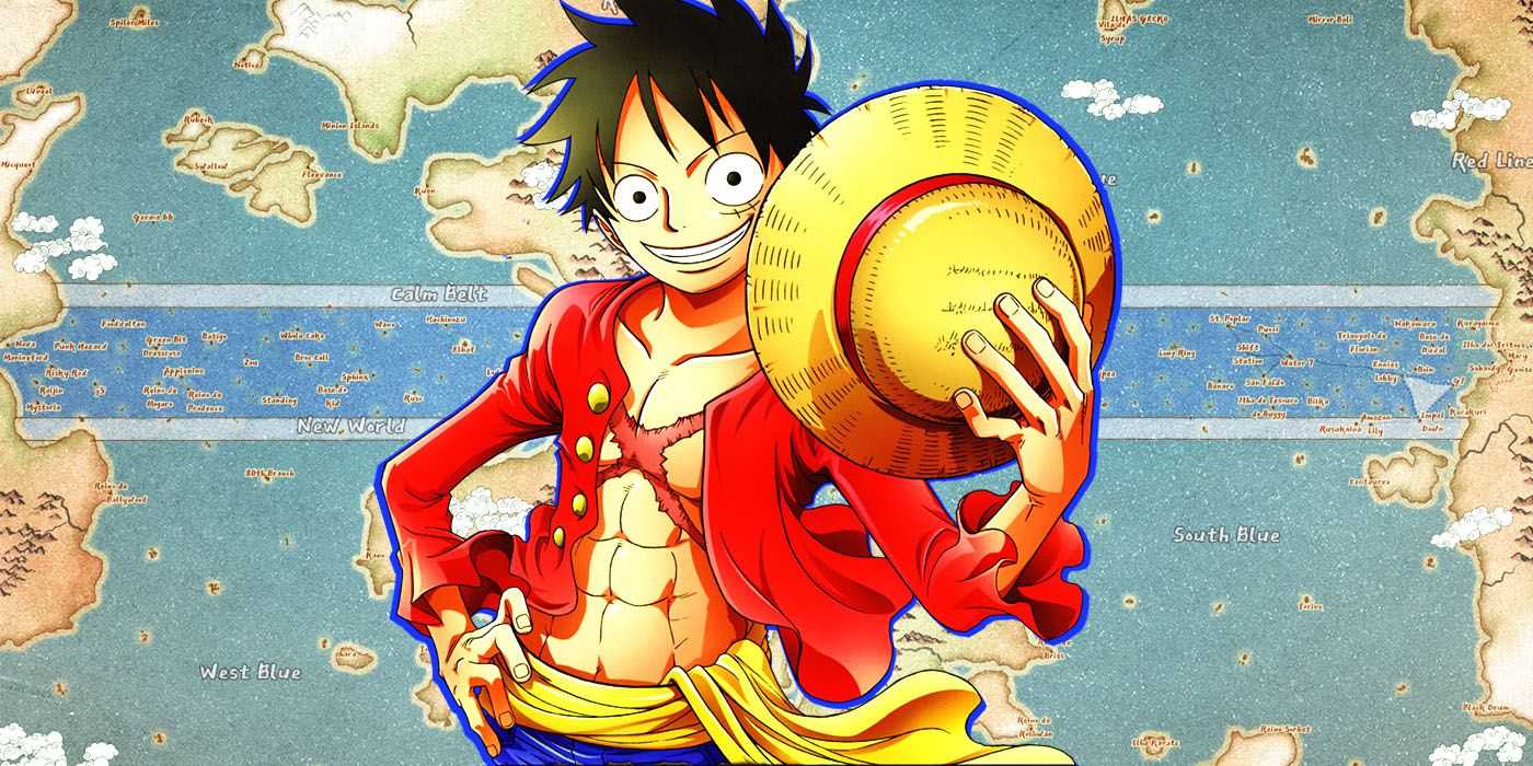 Ruffy aus One Piece hält seinen Strohhut vor dem Franchise