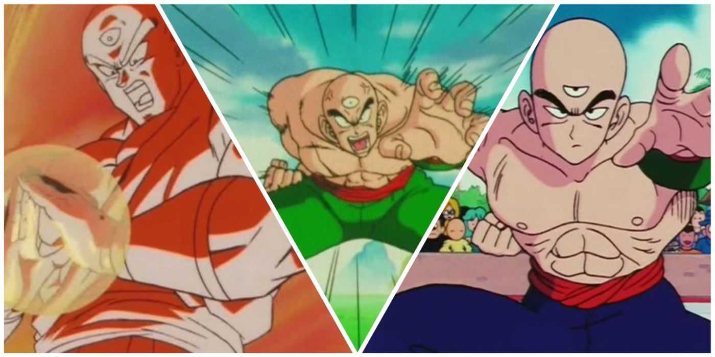 Tien in verschiedenen Kampfphasen aus Dragon Ball und Dragon Ball Z.