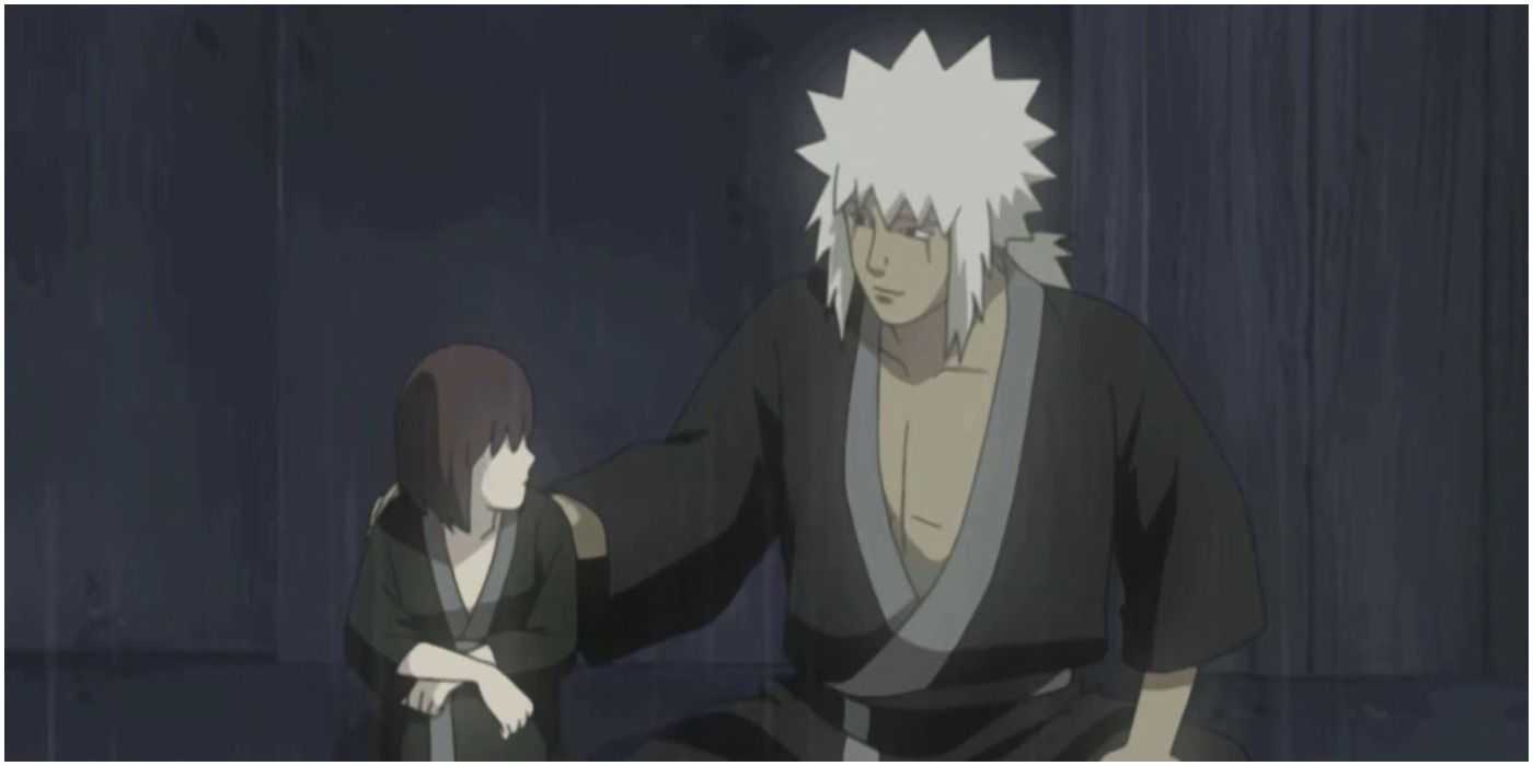 Jiraiya tröstet den jungen Nagato in Naruto Shippuden.