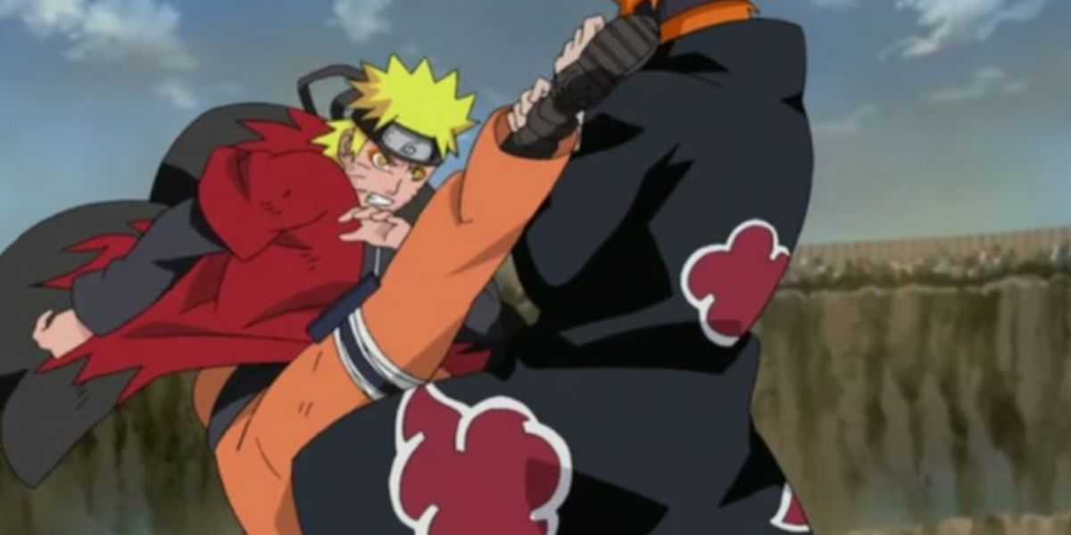 Naruto Uzumaki aus Naruto Shippūden nutzt seinen Frosch-Kata-Kampfstil gegen Pain.