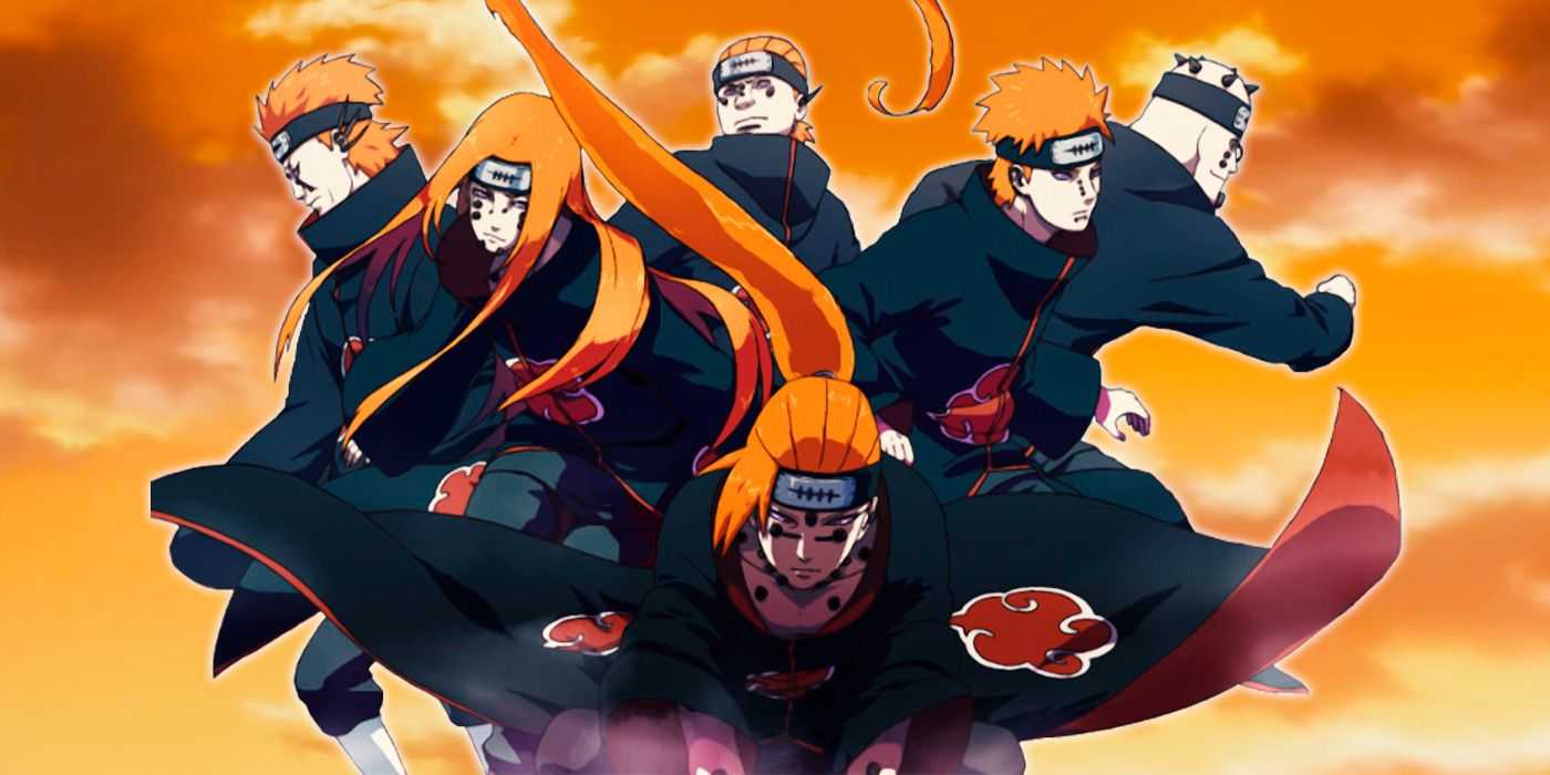 Die sechs Pfade des Schmerzes vor einem orangefarbenen Himmel in Naruto.