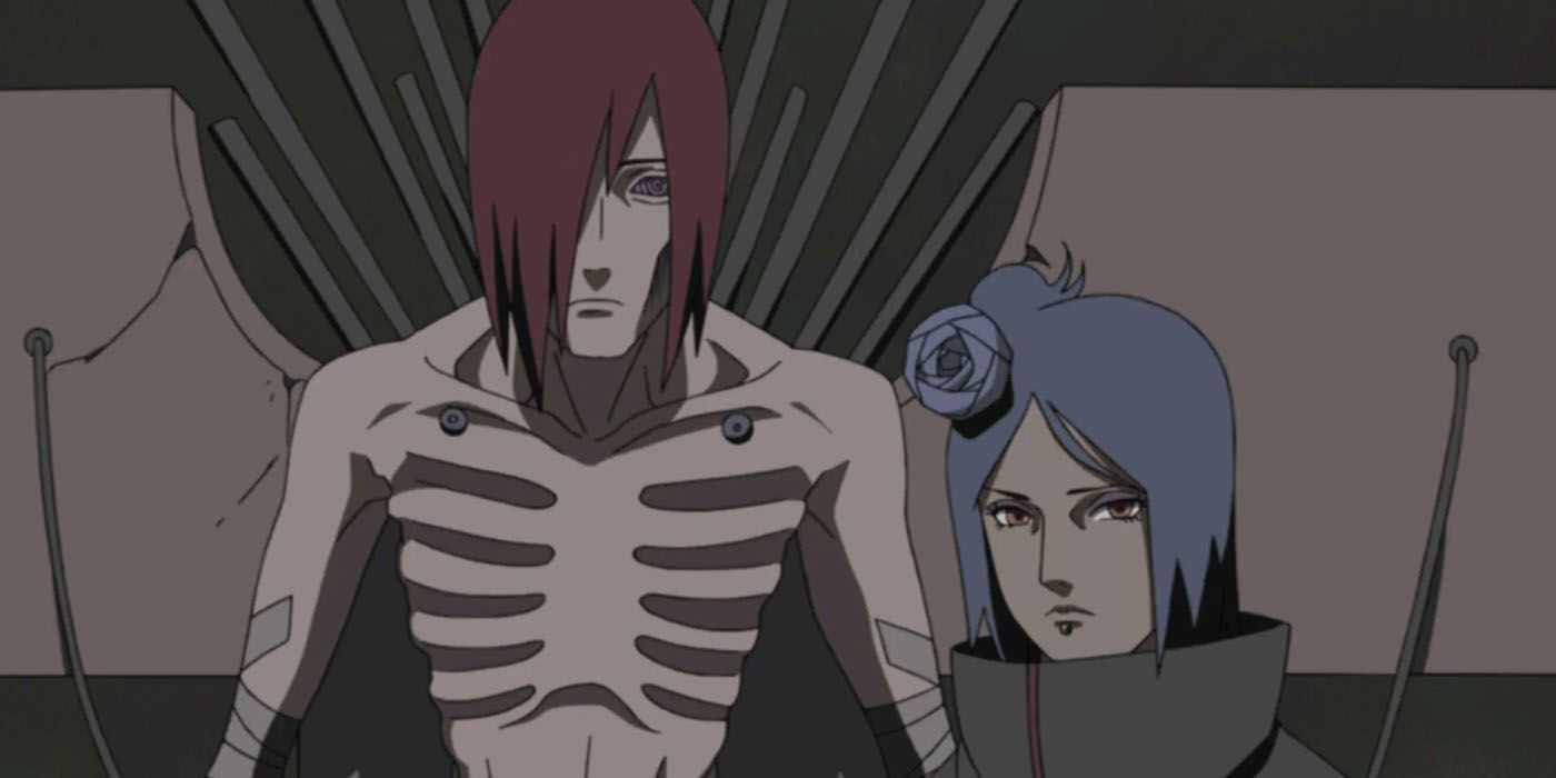 Nagato und Konan in ihrem Versteck über dem Hidden Leaf Village in Naruto Shippuden.