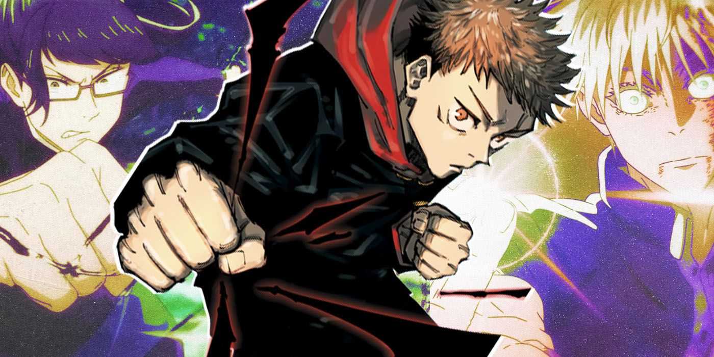 Yuji Itadori, Maki Zenin y Satoru Gojo en poses de ataque de Jujutsu Kaisen